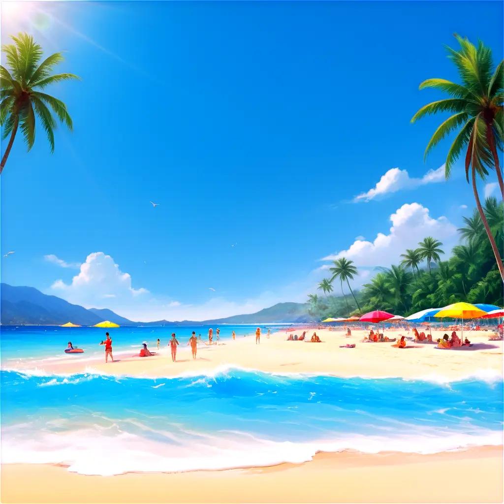 Summer beach scene with people and colorful umbrellas