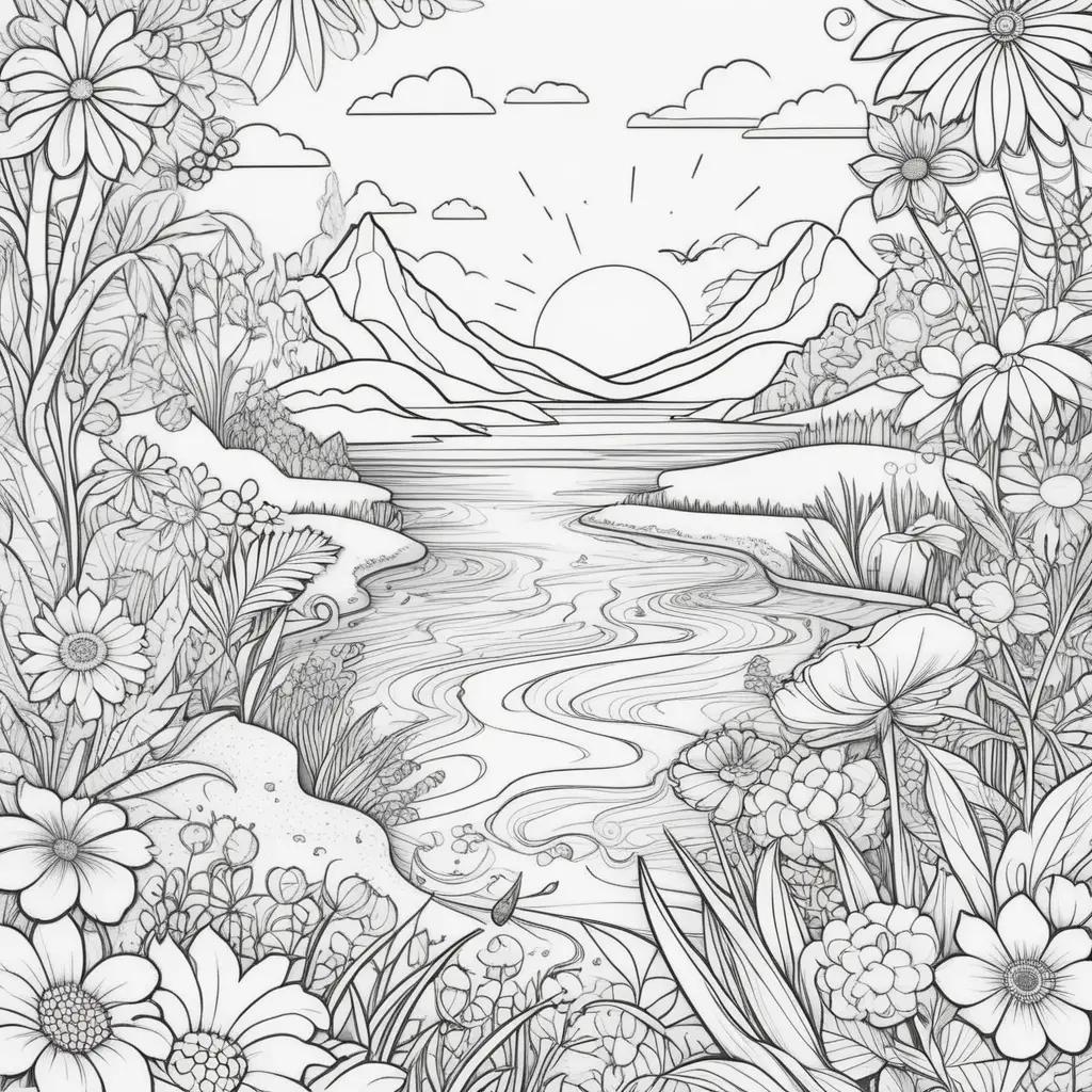 Summer coloring pages feature a beautiful landscape with flowers and a river