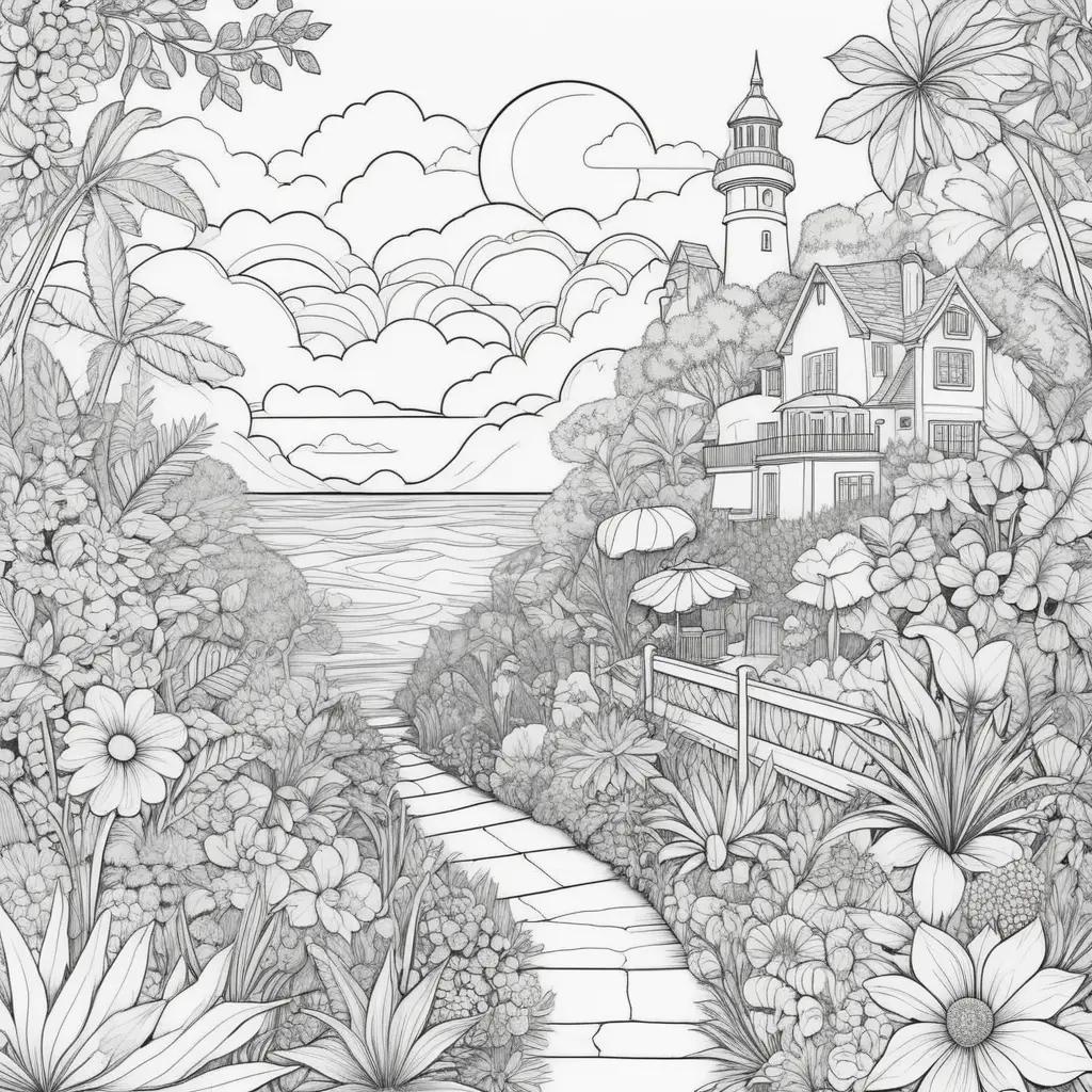 Summer coloring pages featuring a path, beach, and lighthouse