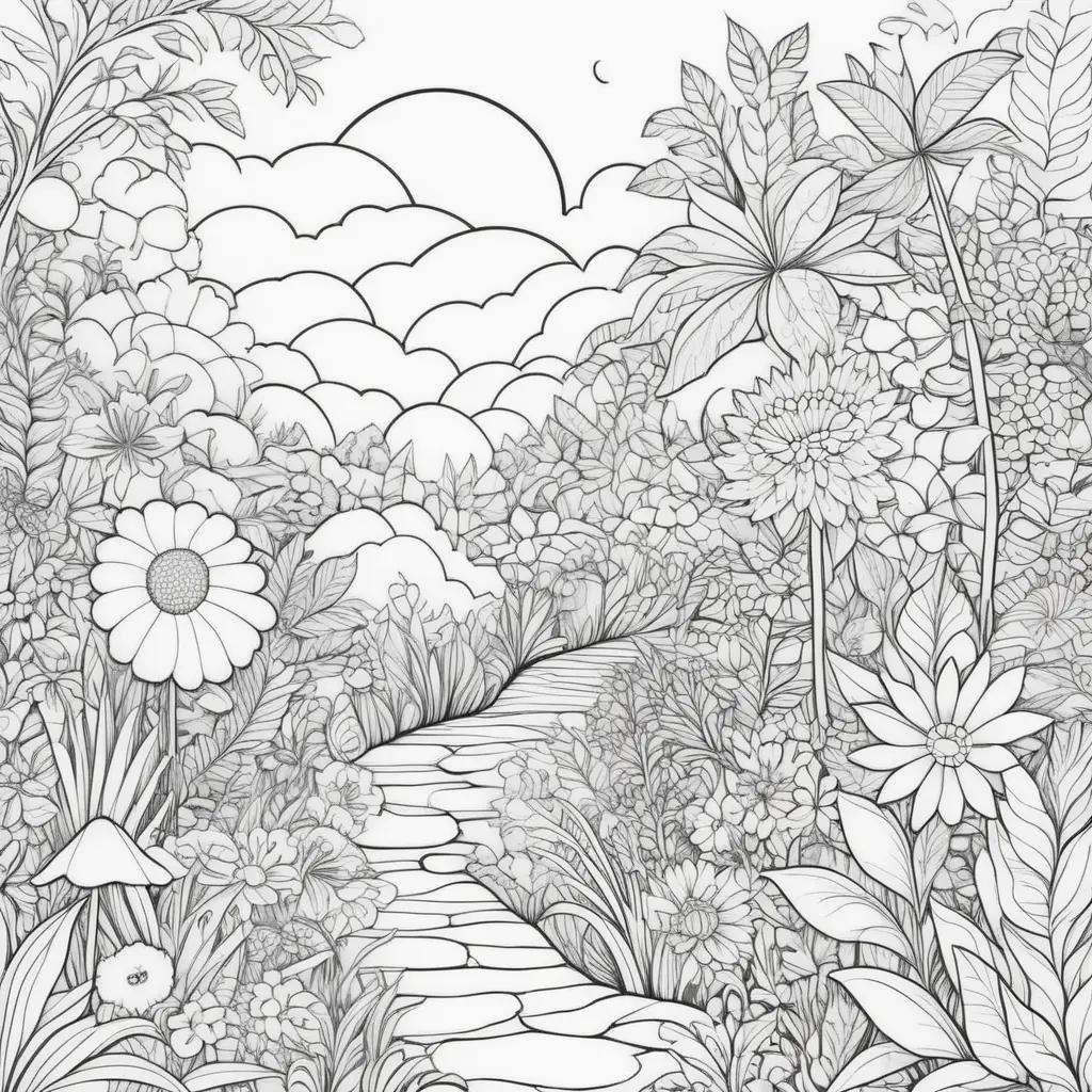 Summer coloring pages featuring flowers, grass, and a path