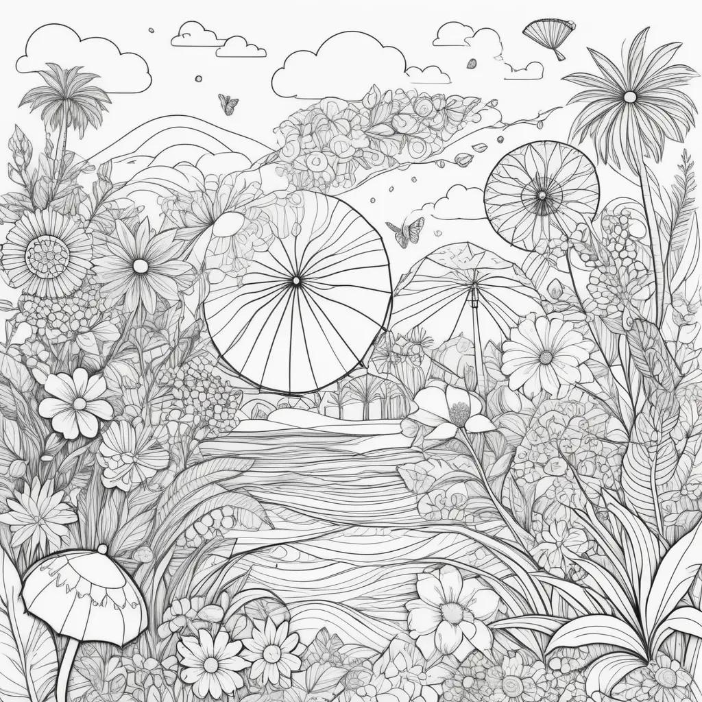 Summer coloring pages with flowers and balloons