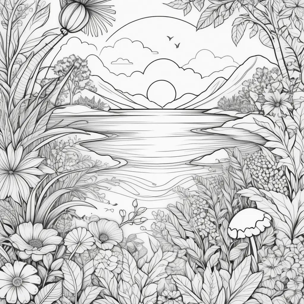 Summer coloring pages with nature elements and birds