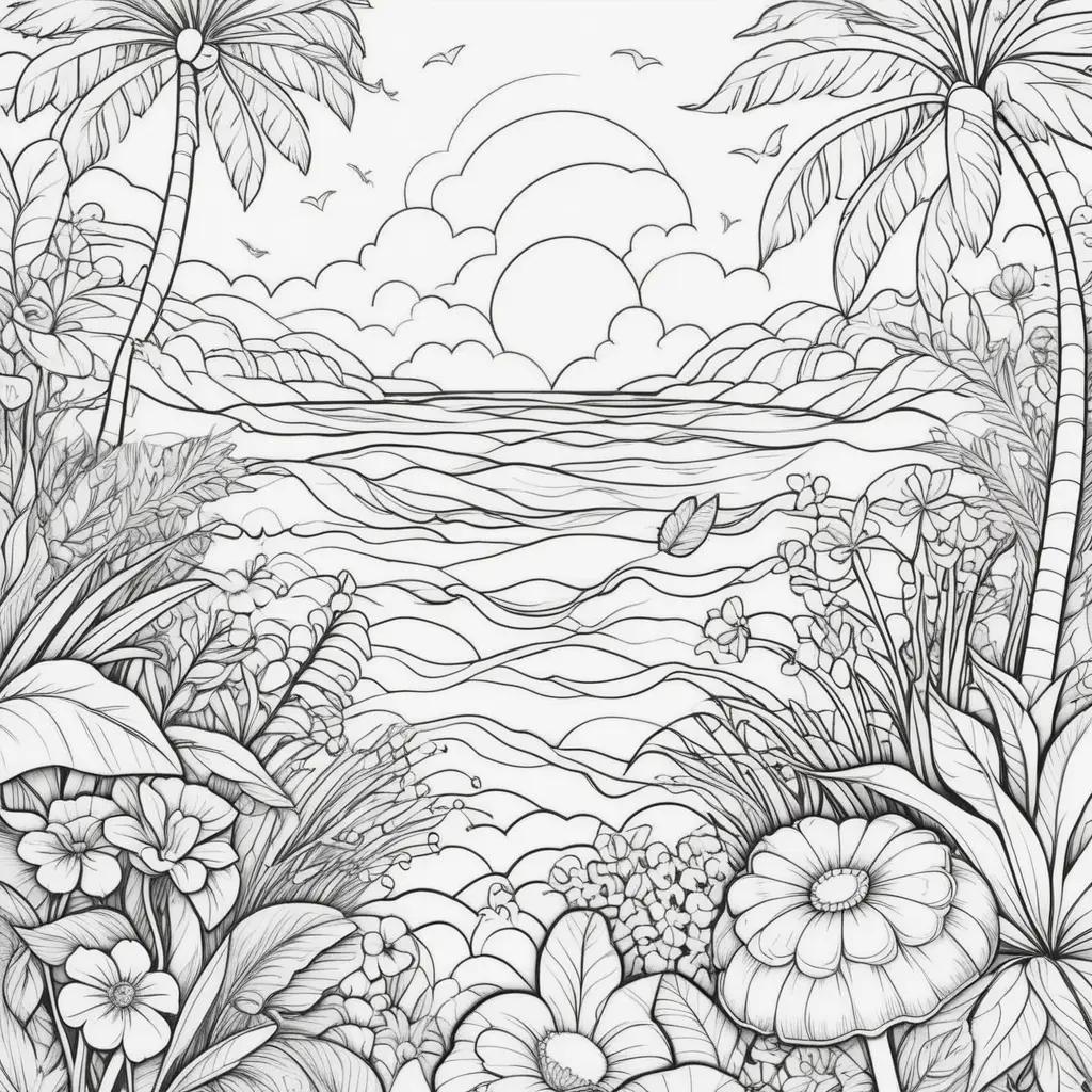 Summer coloring pages with tropical flowers and clouds