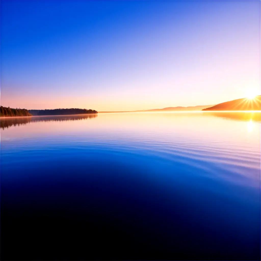 夜明けの穏やかな湖にまぶしい太陽の光