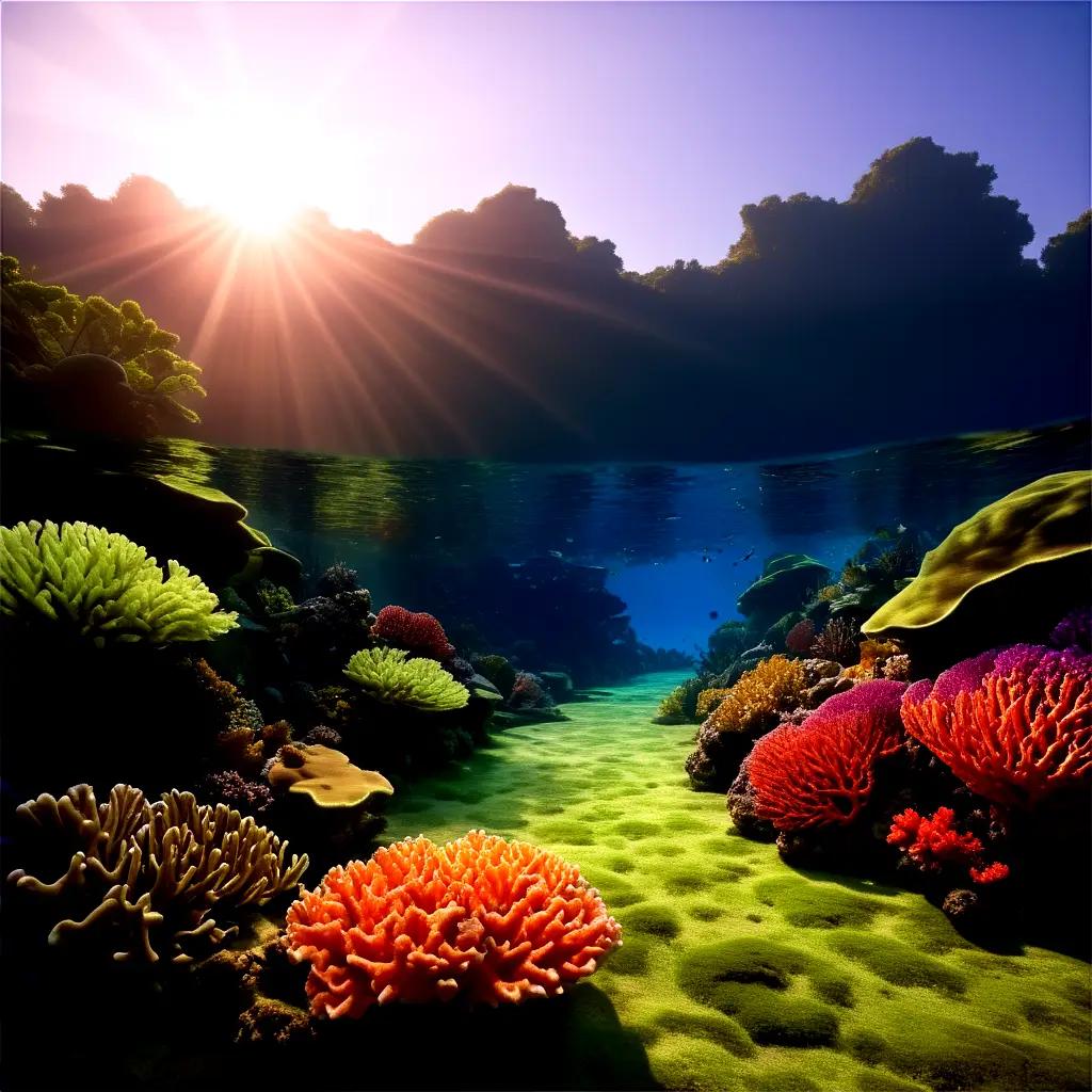海底の太陽のまぶしさが鮮やかなサンゴのシーンを作り出します