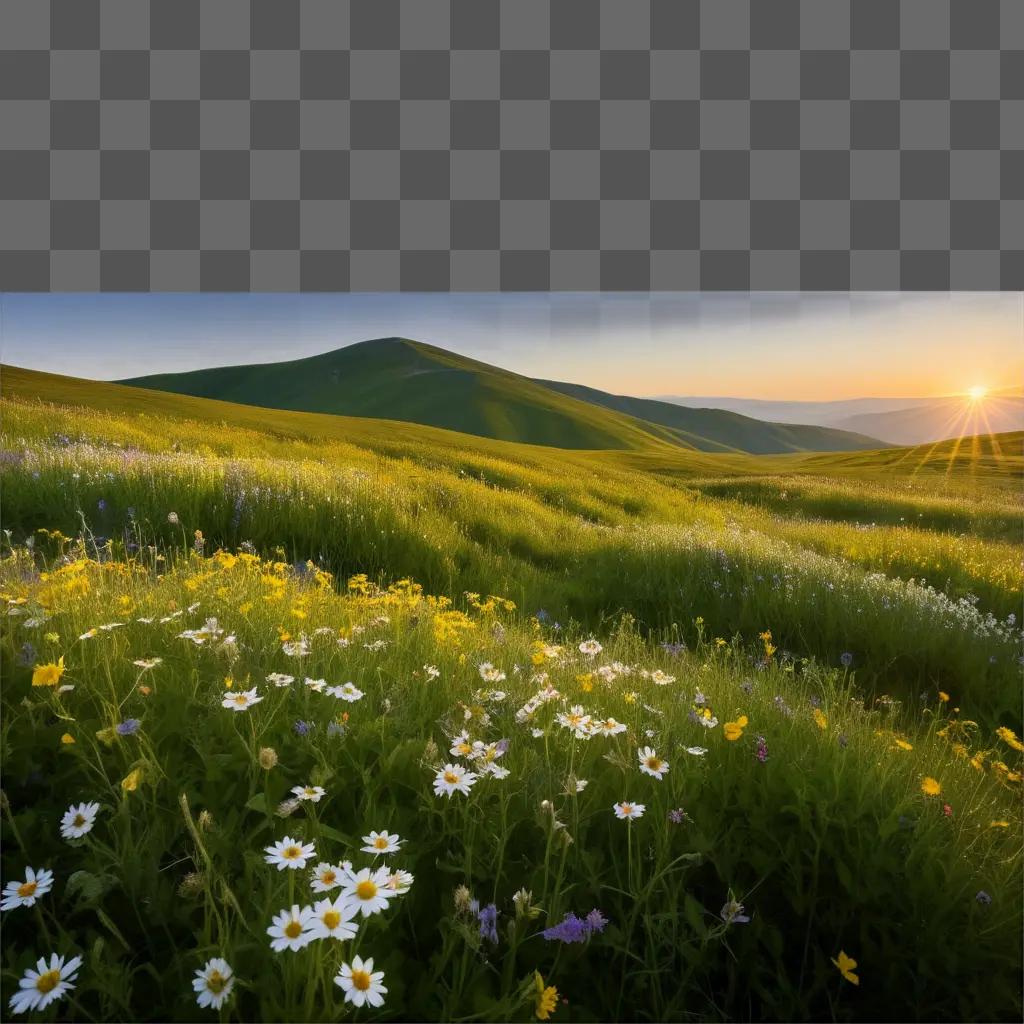 Sun rises over a field of wildflowers