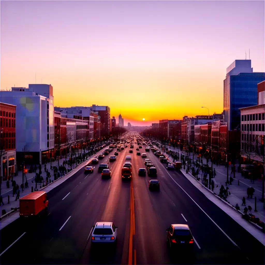 Sun sets over a busy roadway at dusk