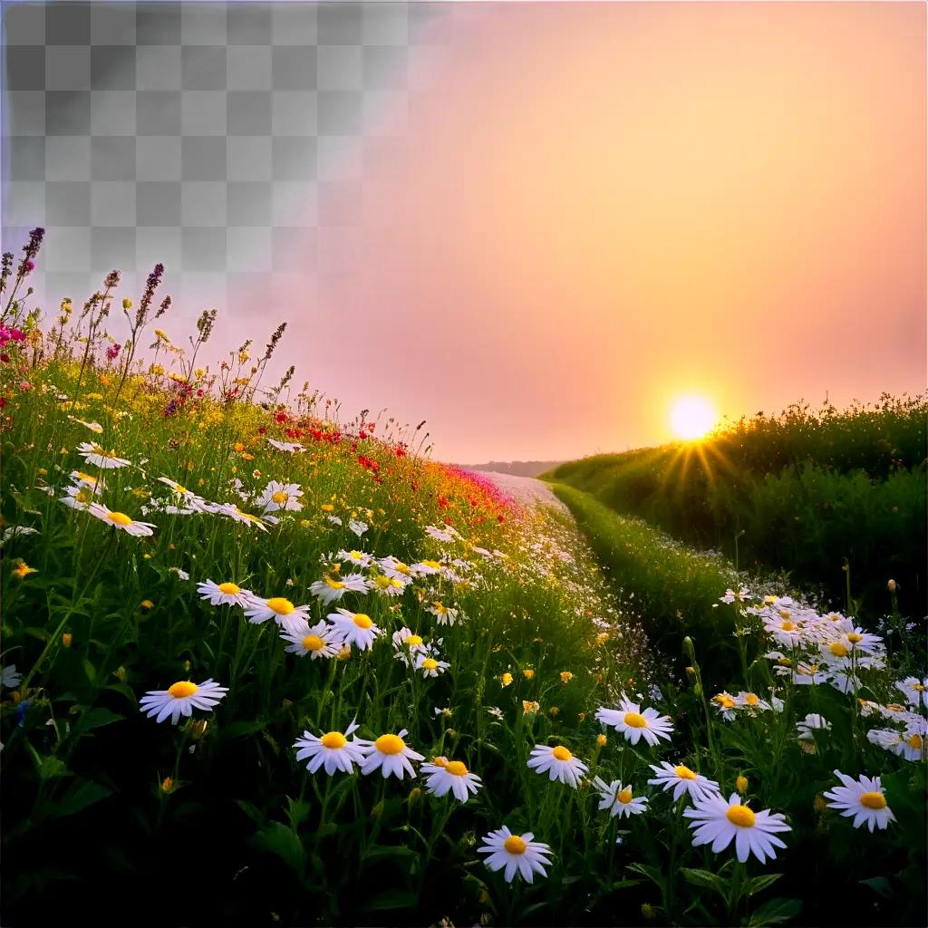 Sun sets over a field of flowers