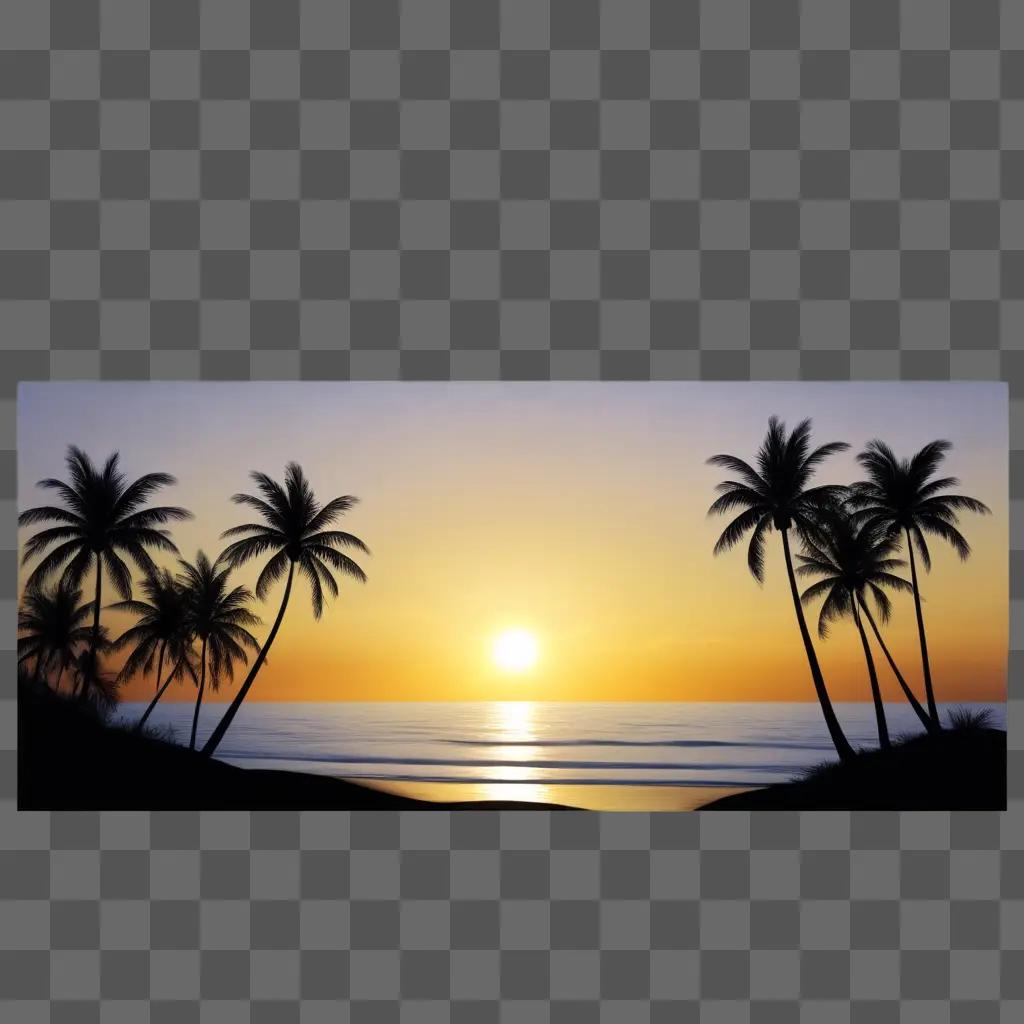 Sun sets over a palm tree beach, radiantly illuminating the horizon