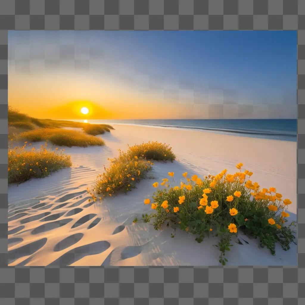 Sun sets over a sandy beach with yellow flowers