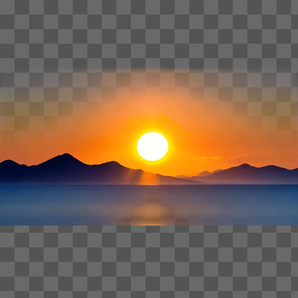 Sun sets over mountains and ocean in a 3D graphic