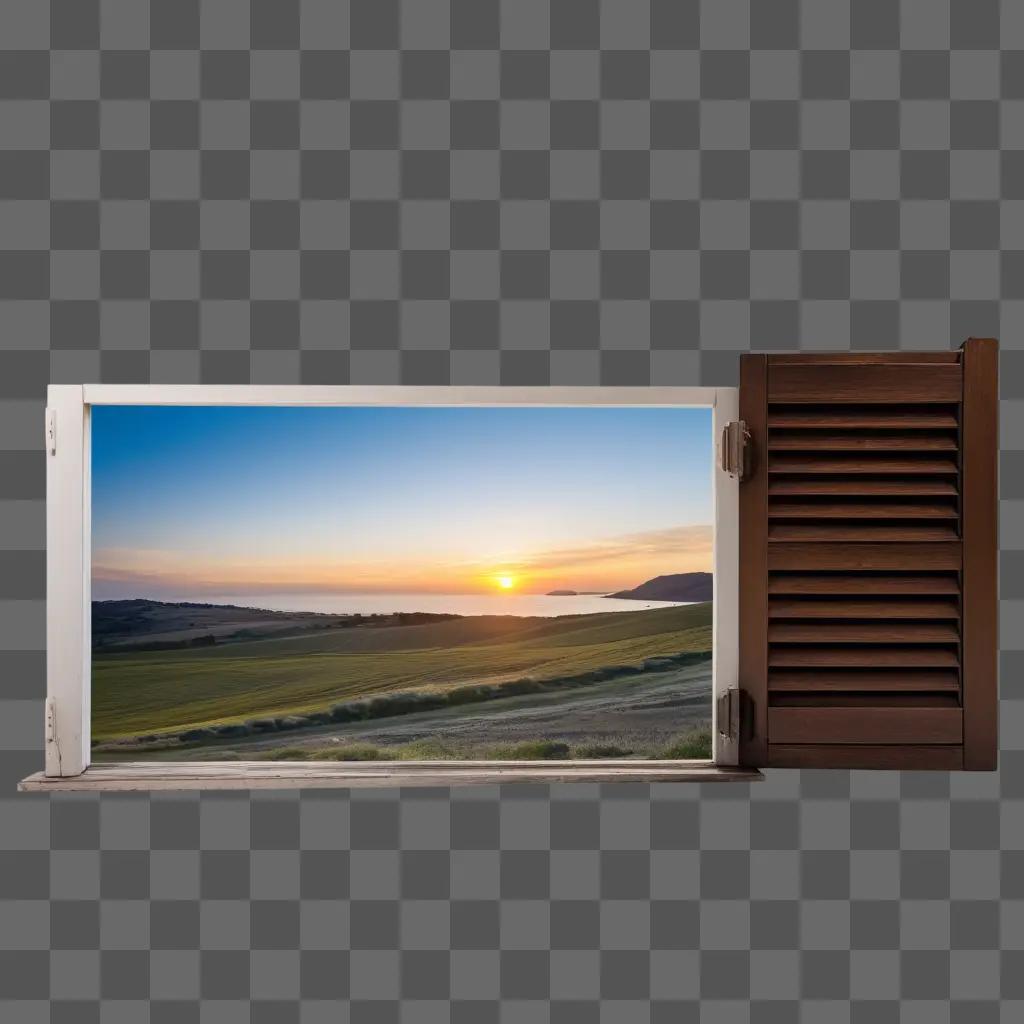 Sun sets over ocean through open window shutter