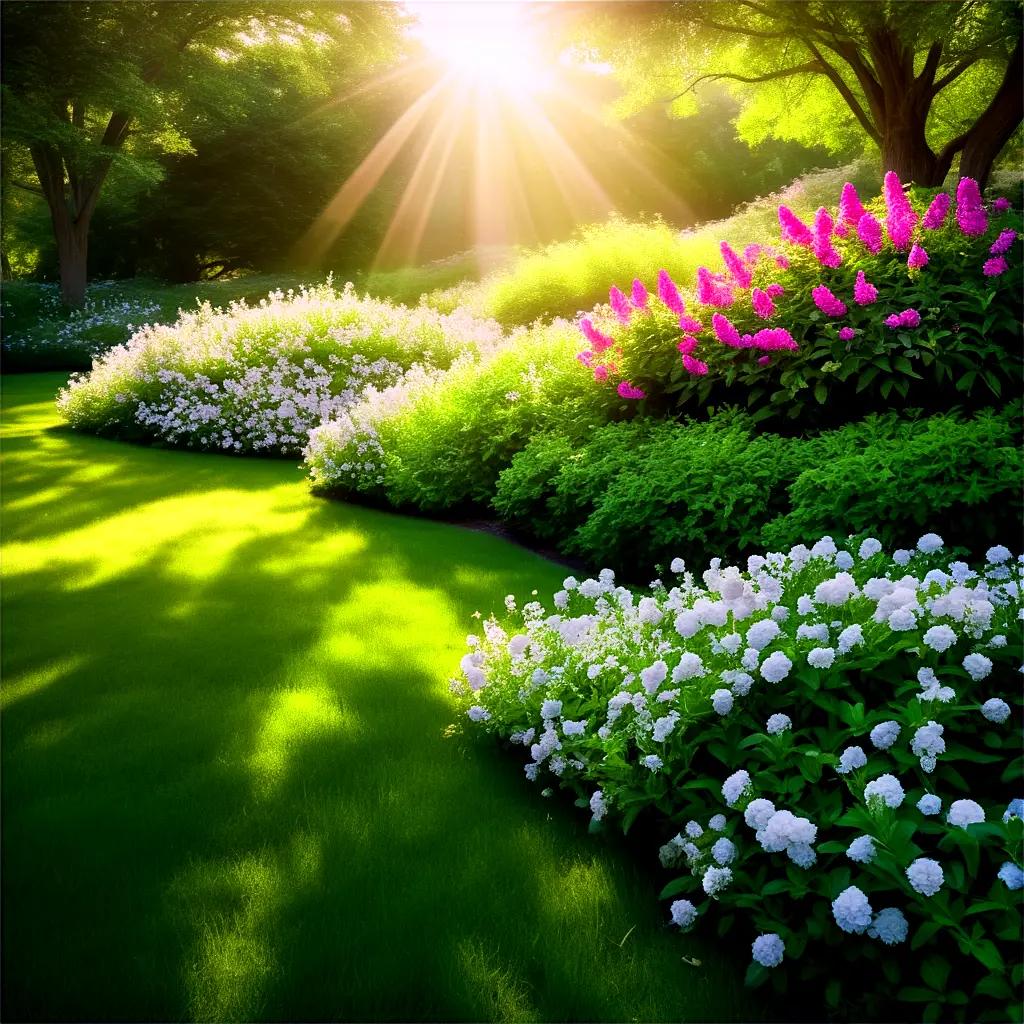 Sunbeams illuminate flower bushes, creating a garden of beauty