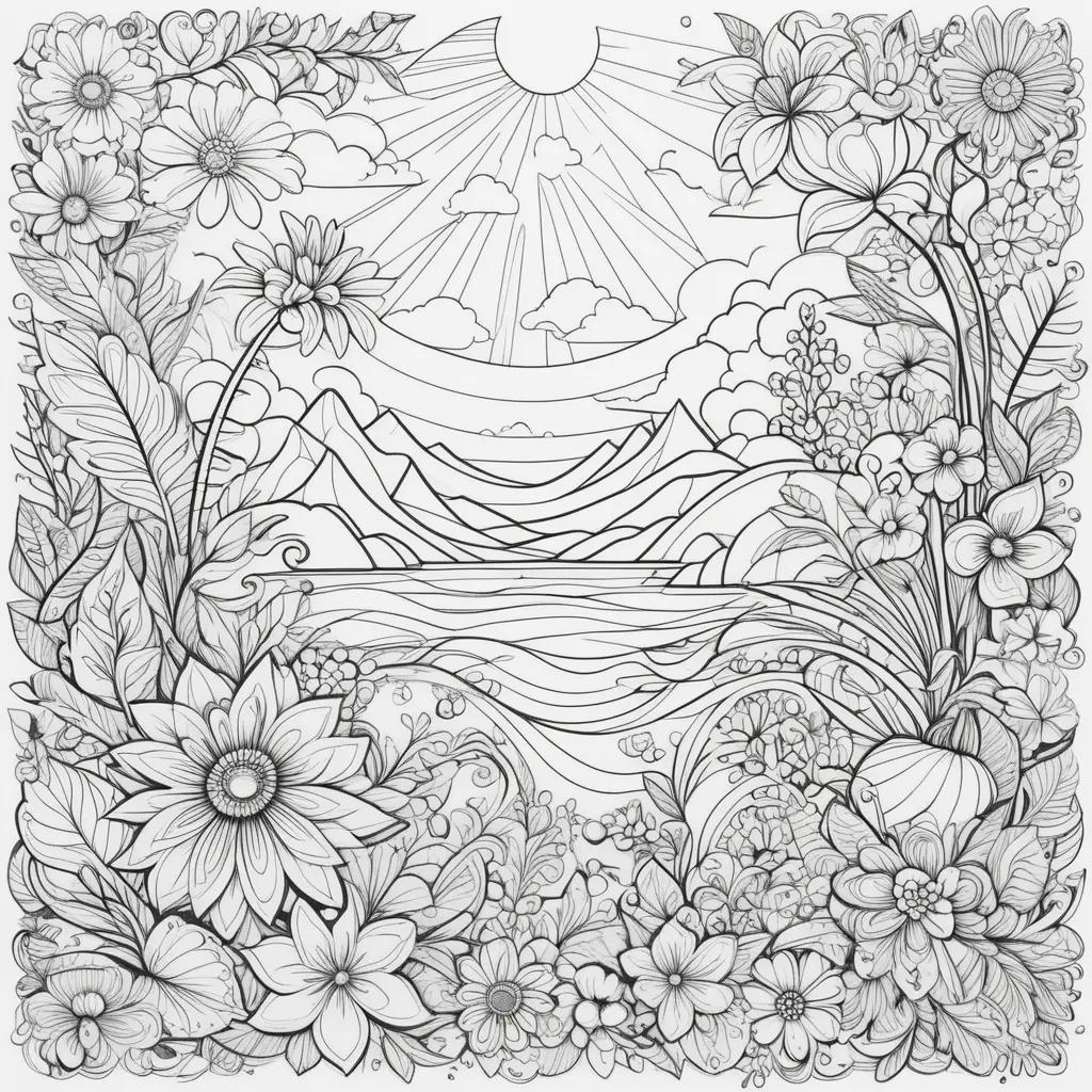 Sunflowers and Mountains in Summer Coloring Page