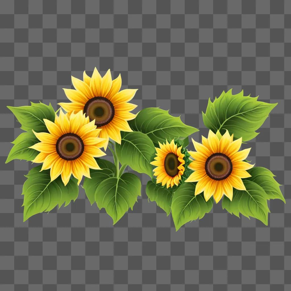 Sunflowers and leaves in a green background