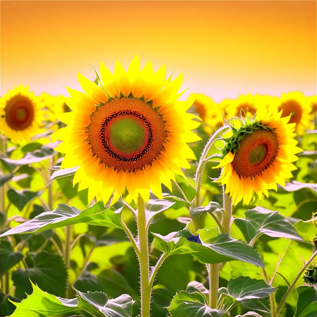 Sunflowers in a field of yellow flowers