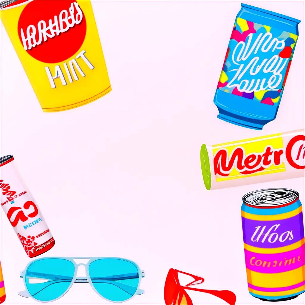 Sunglasses, cans and popsicle in a colorful scene