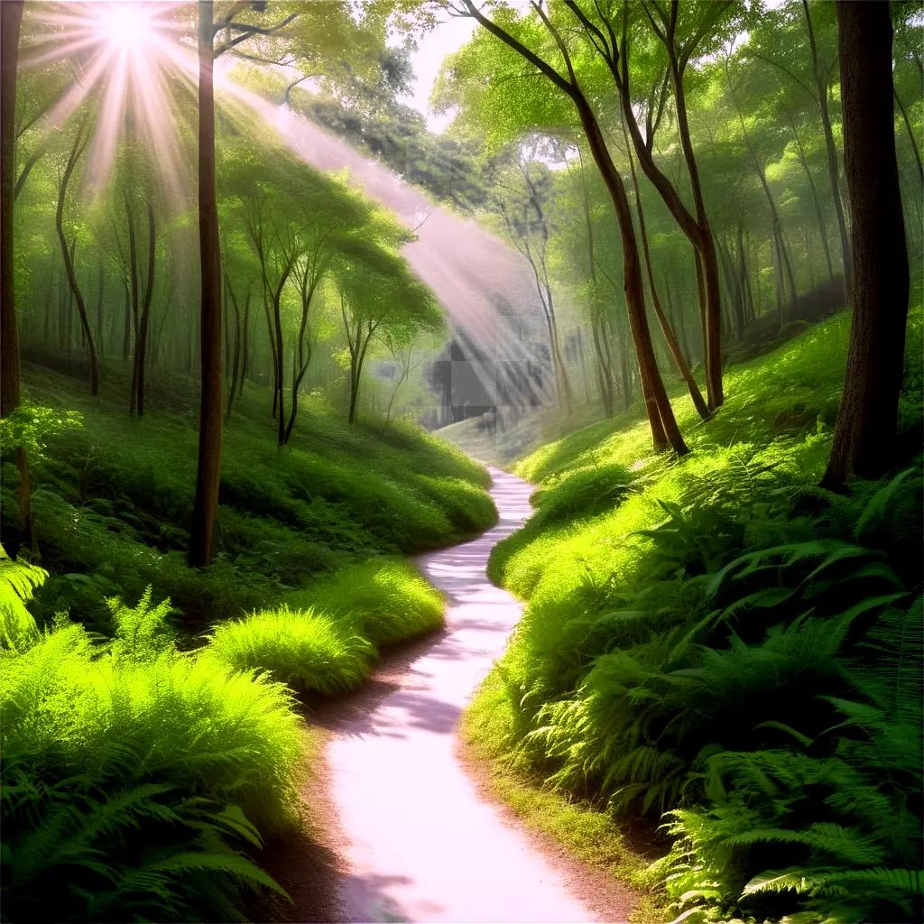 Sunlight illuminates a path through a lush forest