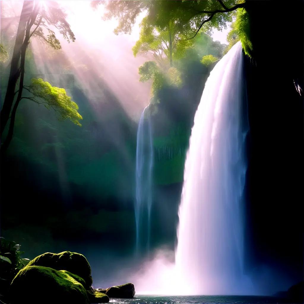 Sunlight illuminates a waterfall in a forest