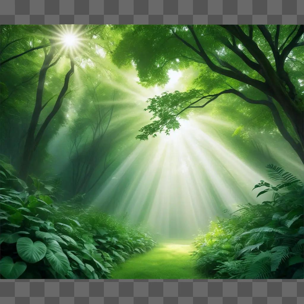 Sunlight illuminates the green forest floor