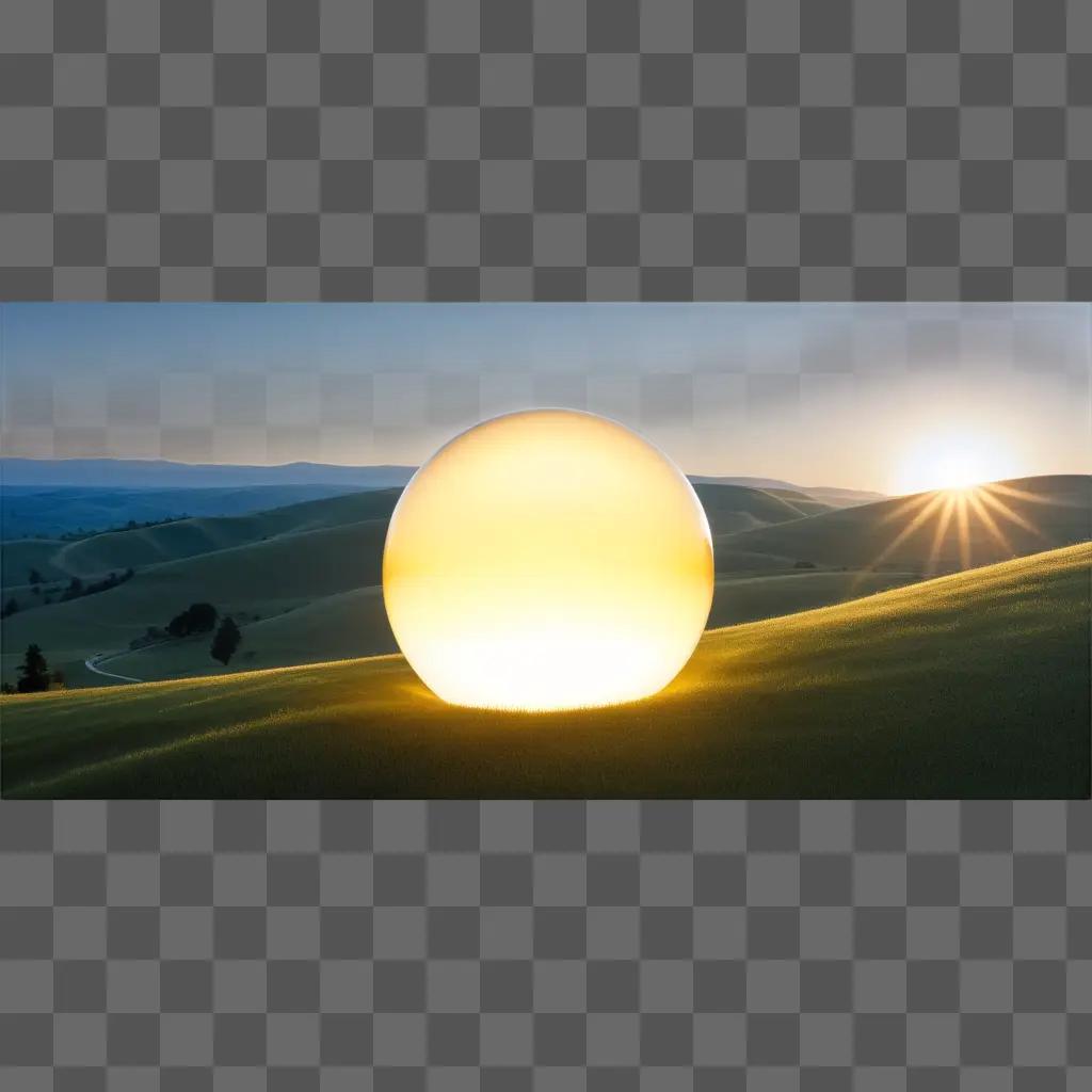 野原の透明な球体に反射する太陽光