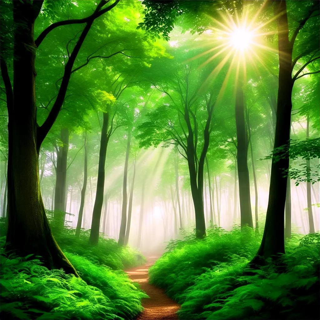 緑豊かな森の中を走る太陽の光に照らされた小道