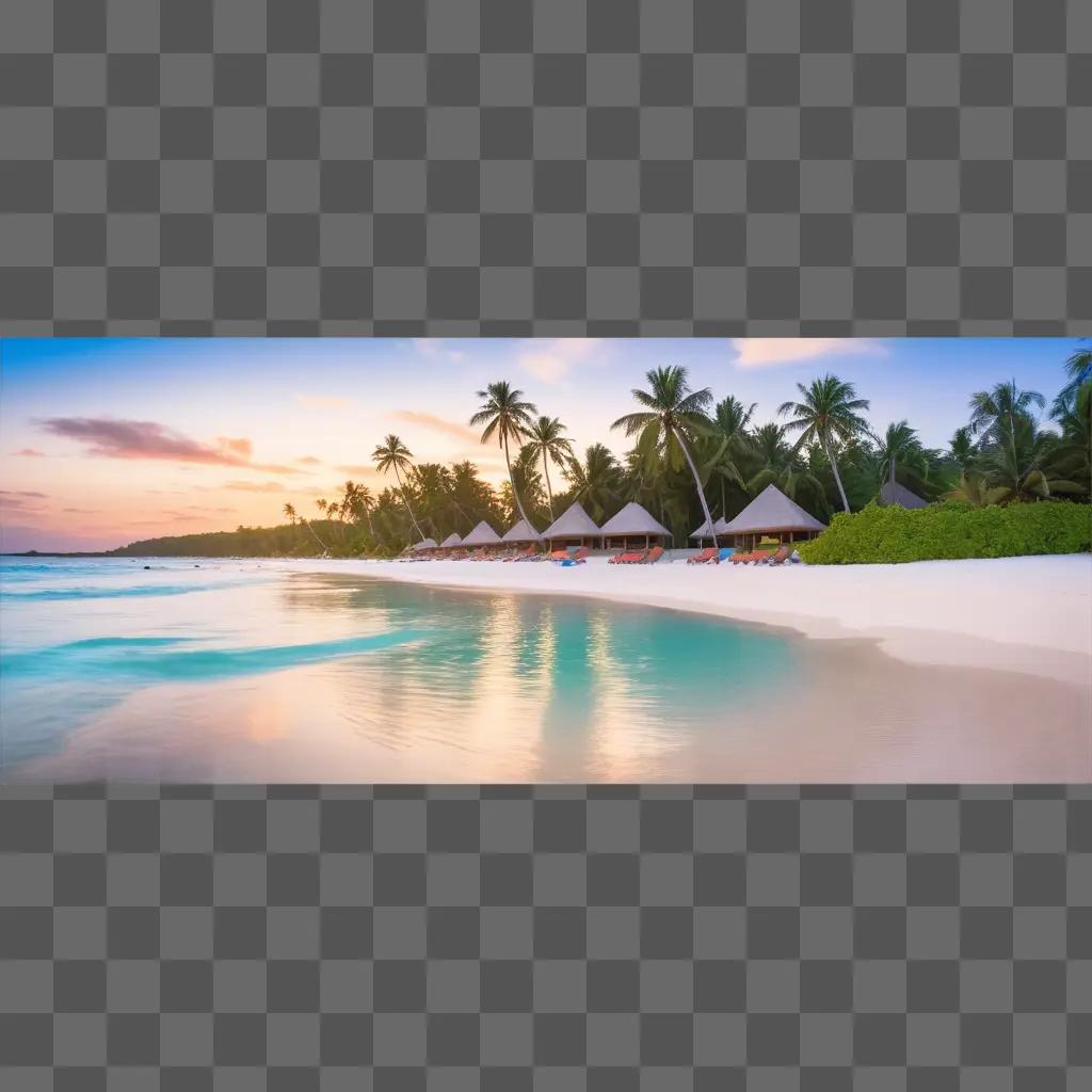 Sunny Beach with Palm Trees and Shaded Tents