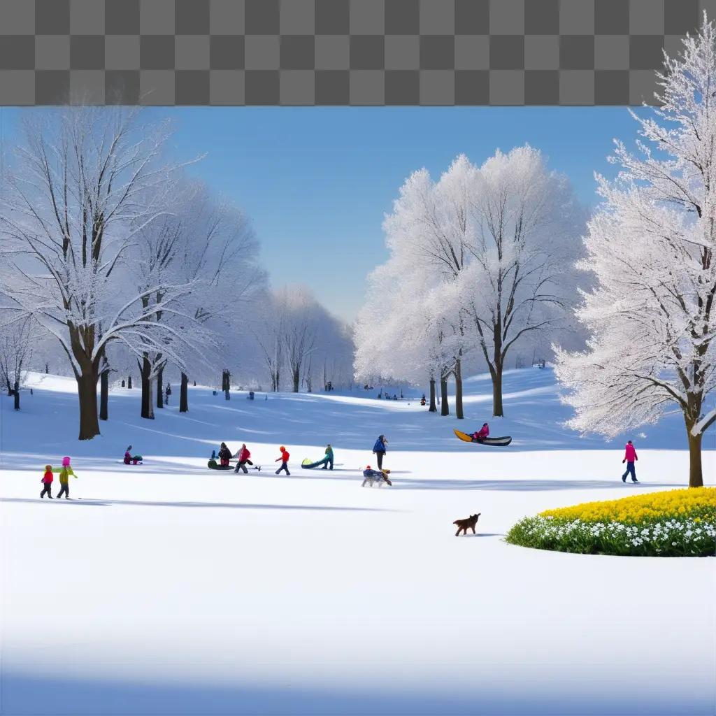 Sunny day with people sledding in a snow-free park