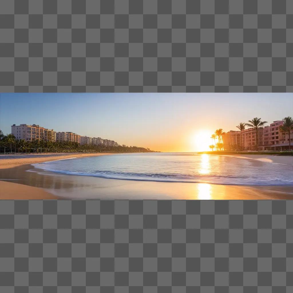 Sunrise at the beach with palm trees and buildings