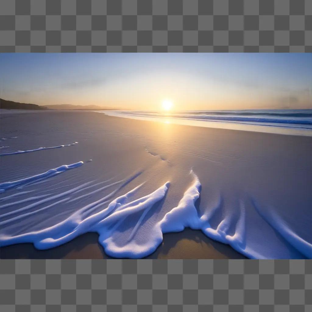 Sunrise on the beach with foam and waves