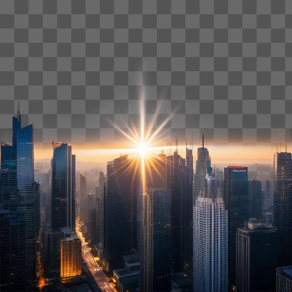 Sunrise over a city with free lens flare