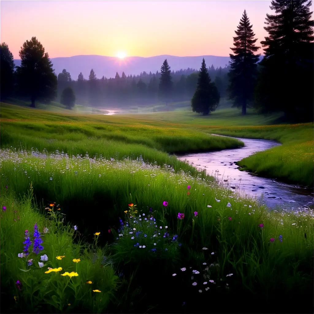 小川と山々のある緑の牧草地の日の出