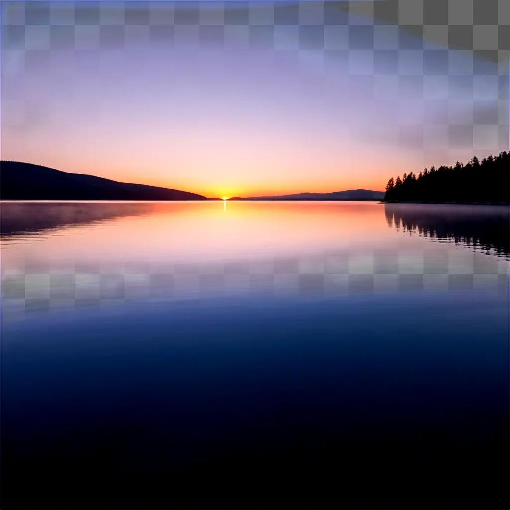 Sunrise over a lake, water is transparent and clear