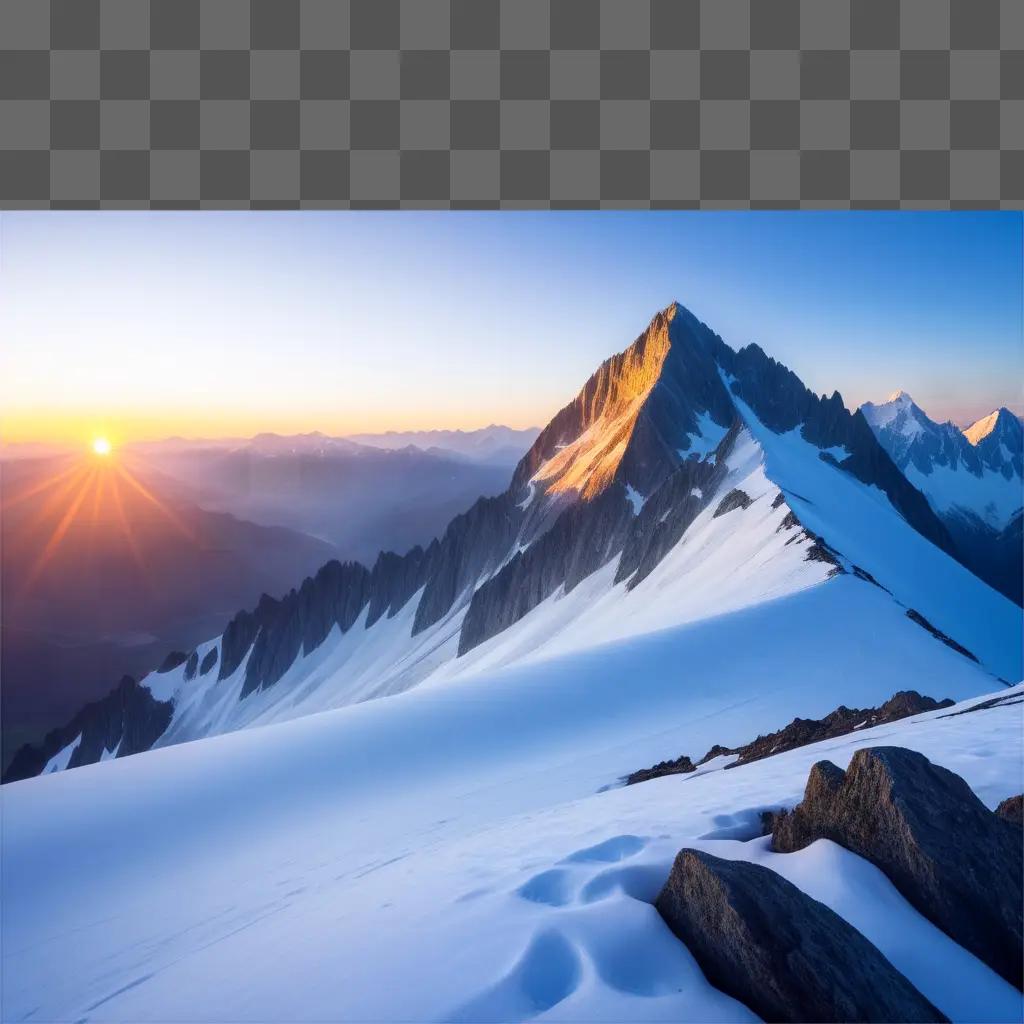 Sunrise over a mountain range, with a snowy peak in the foreground