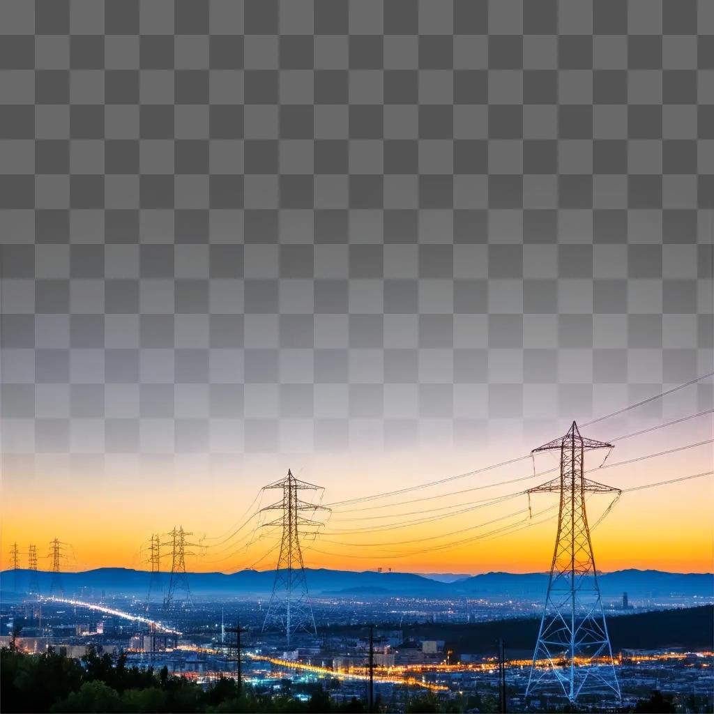 Sunrise over city, high power lines and buildings