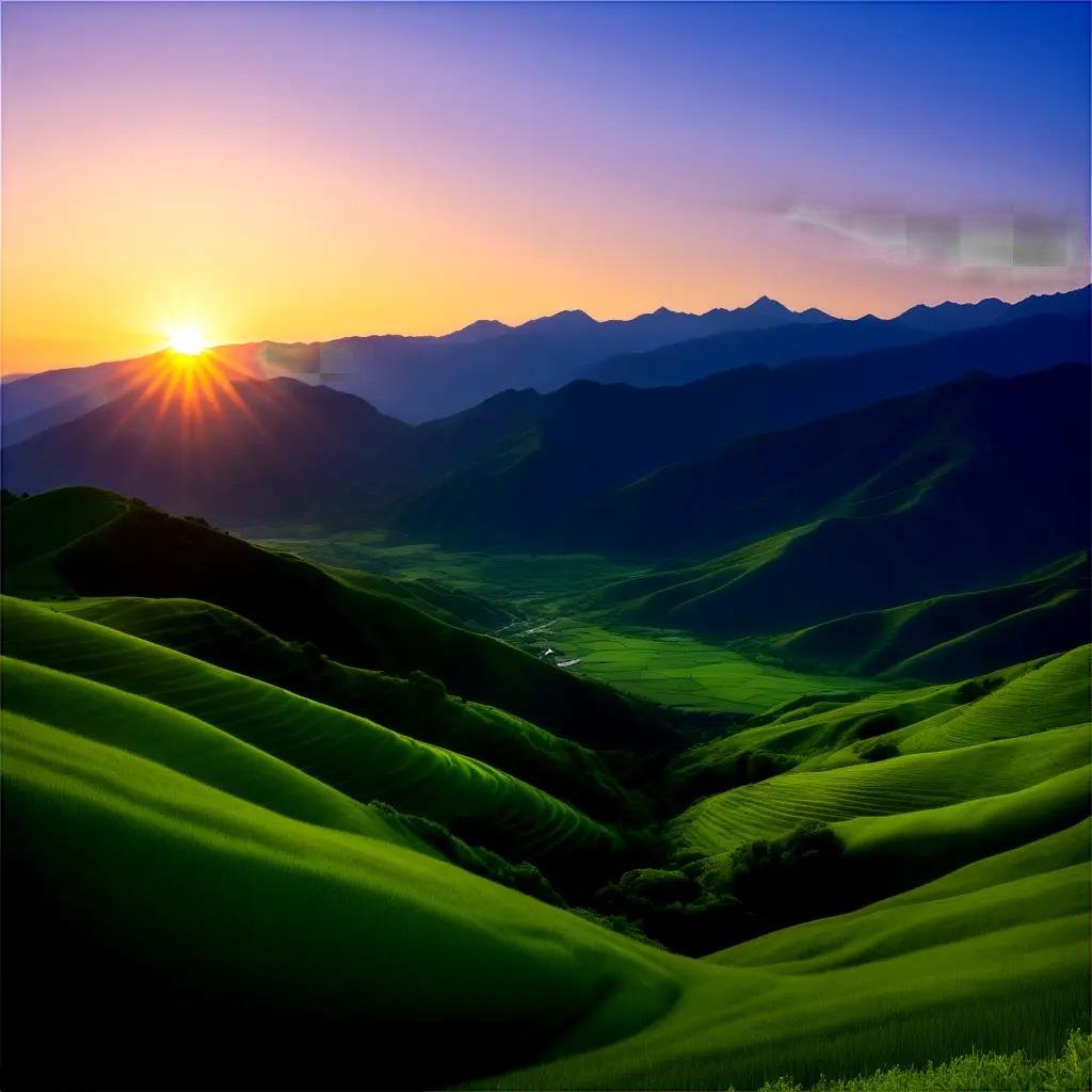 Sunrise over green mountains with a valley