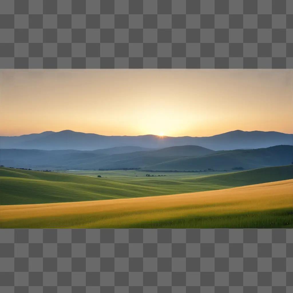 なだらかな緑の丘と平原の日の出