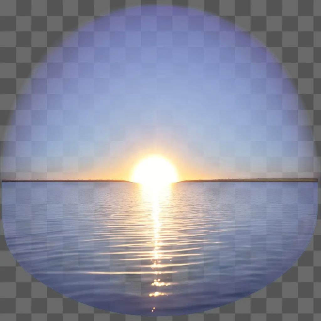 Sunrise over water with blue sky and sun in circular reflection