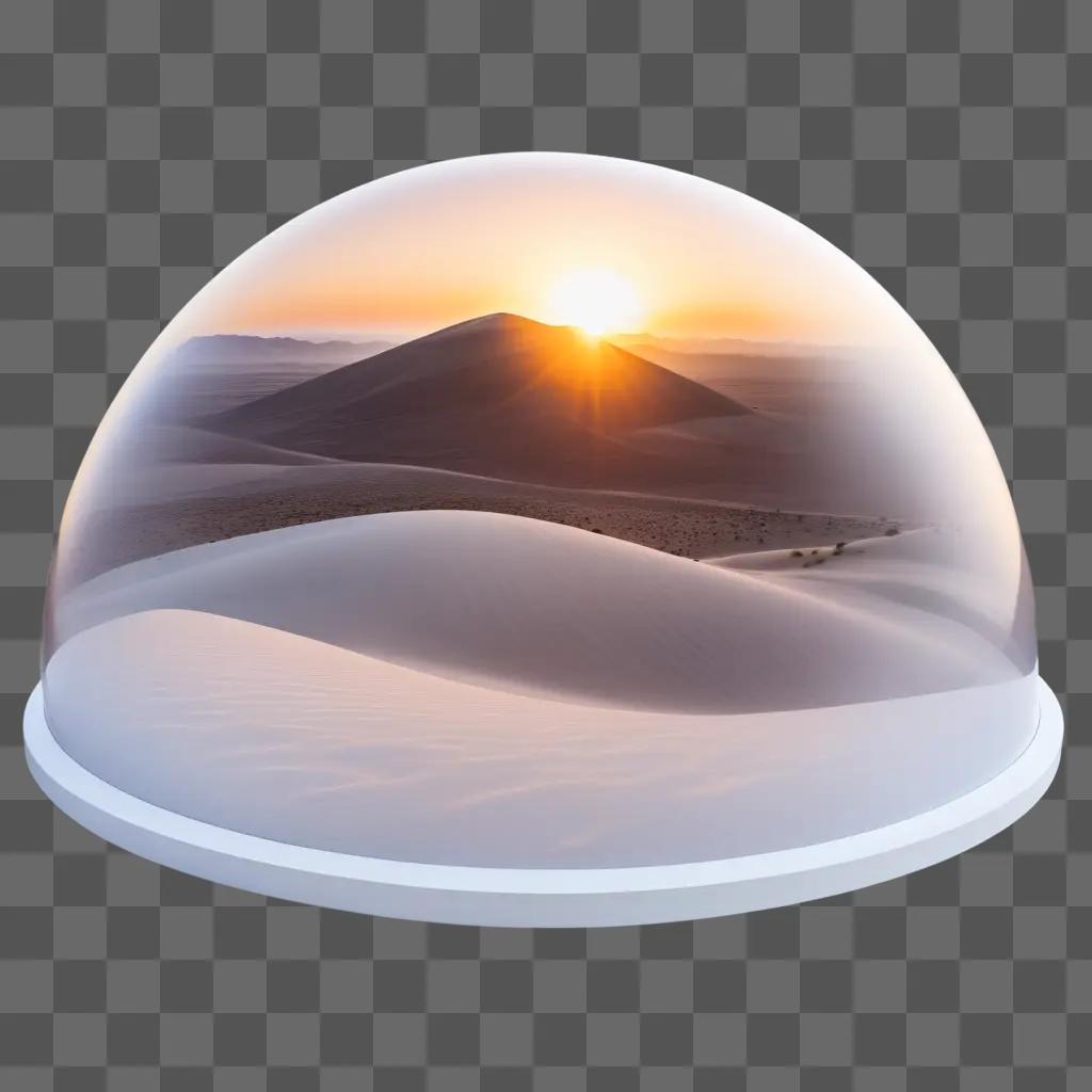 Sunrise through a transparent dome with desert and mountains