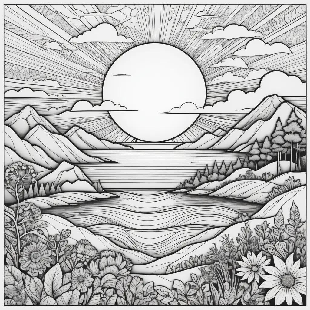 Sunset Coloring Page with Mountains and Flowers