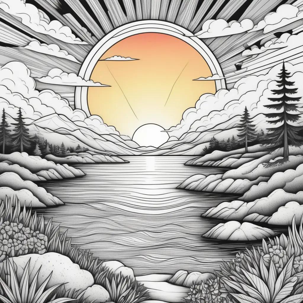 Sunset coloring pages: a black and white drawing of a river with a sunset