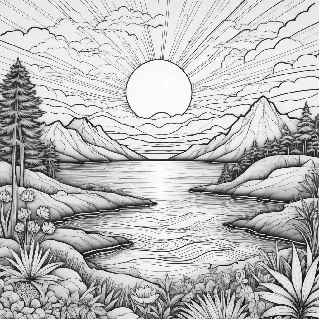 Sunset coloring pages: a peaceful mountain landscape with a sun and clouds