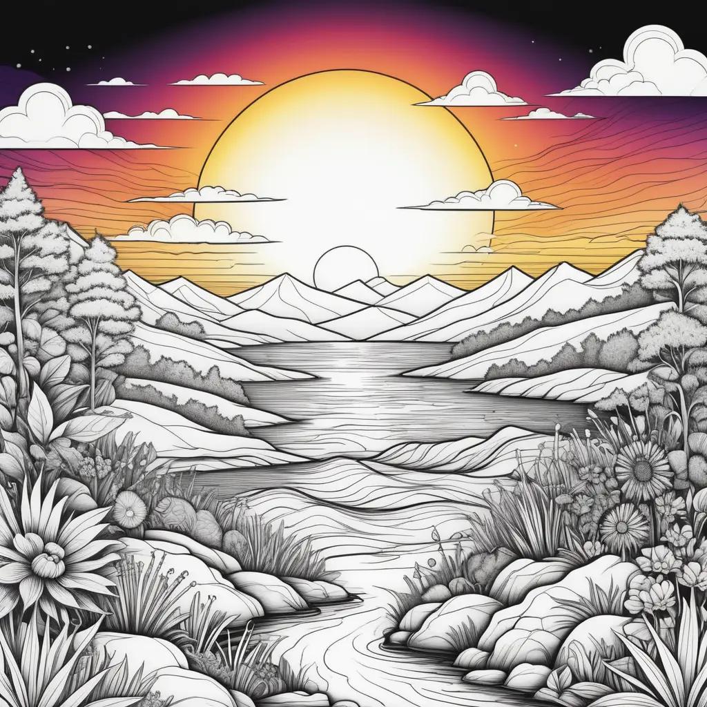 Sunset coloring pages feature a mountain range and sun