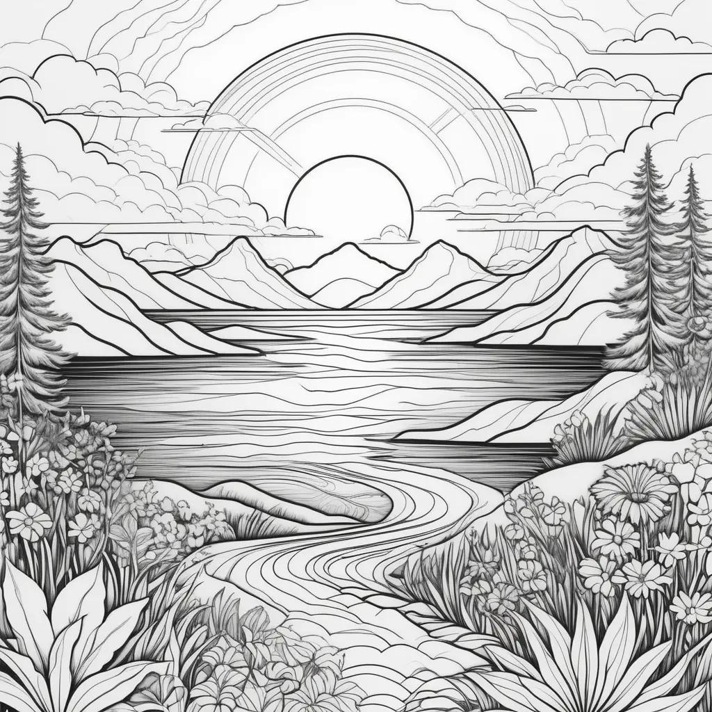 Sunset coloring pages featuring a mountain landscape with flowers