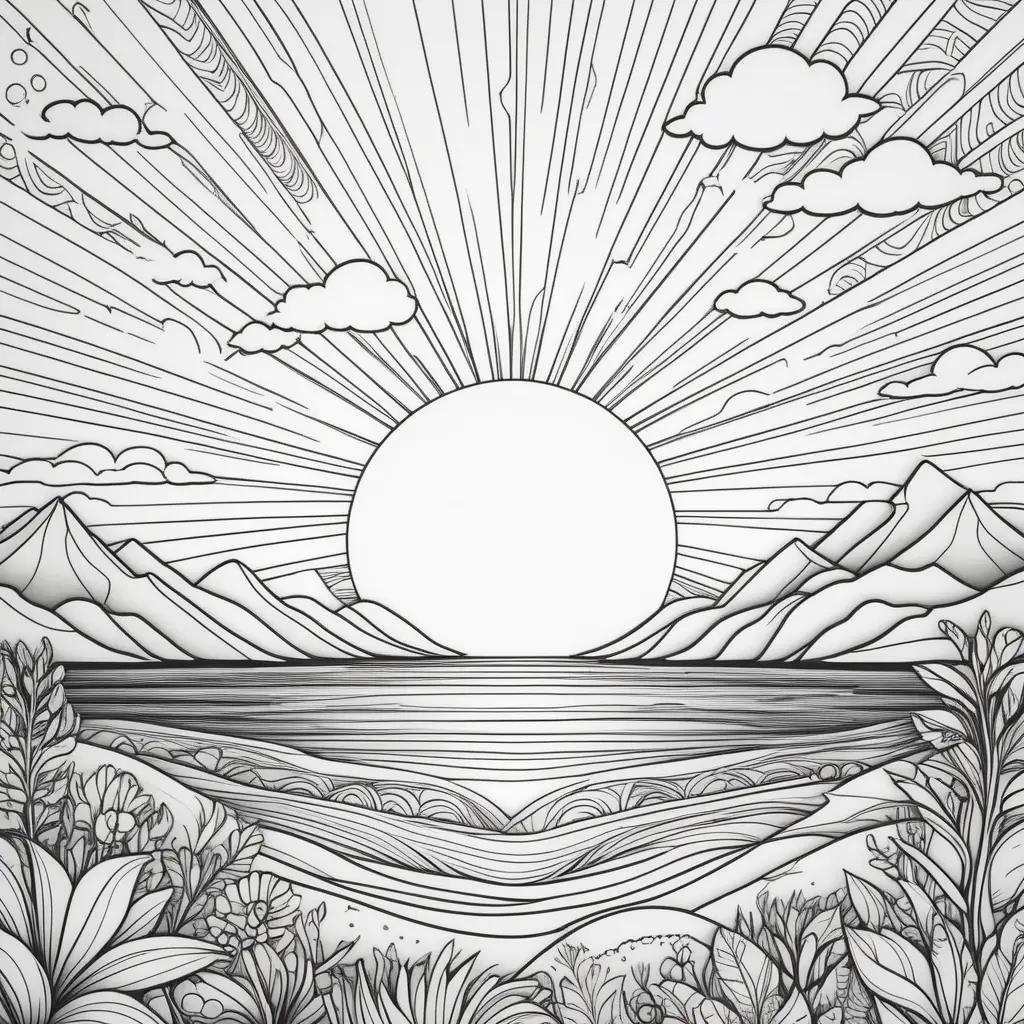 Sunset coloring pages featuring sun, clouds, and landscape