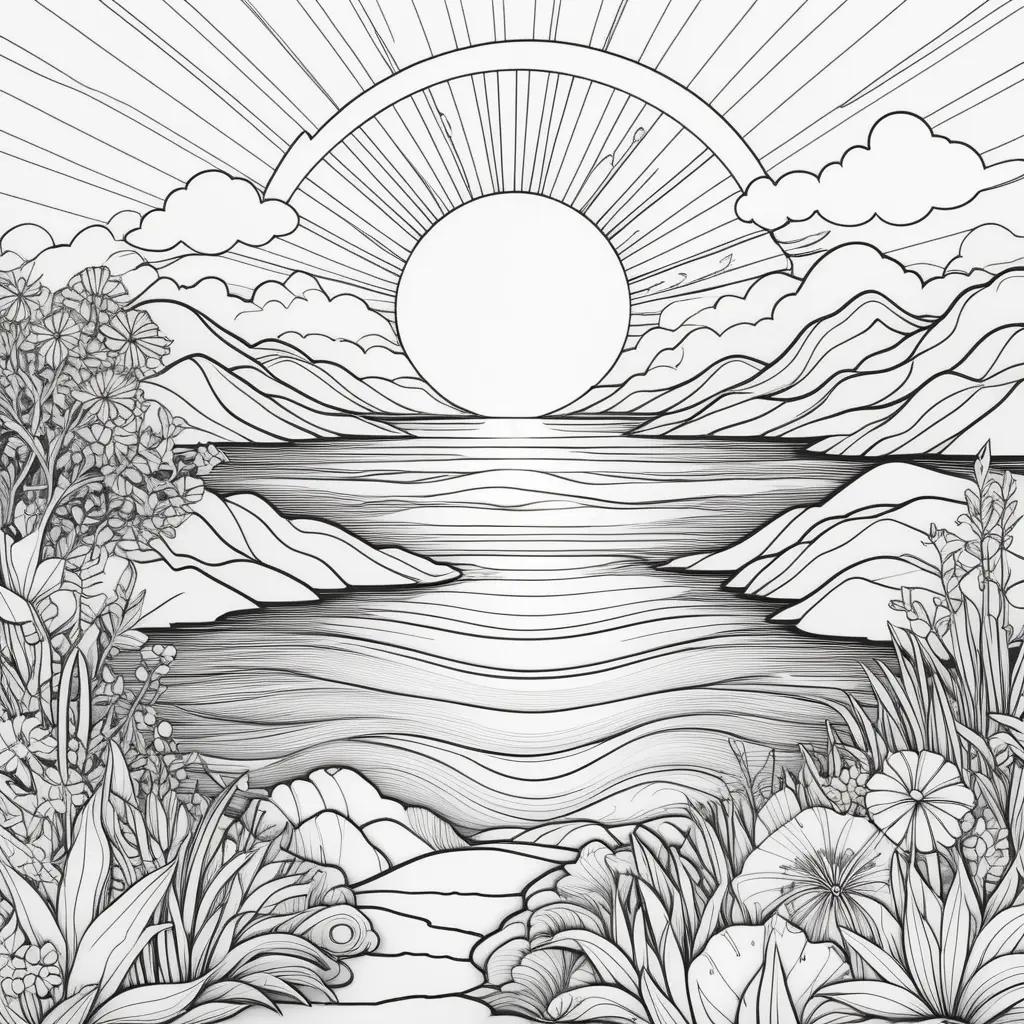 Sunset coloring pages with clouds and birds