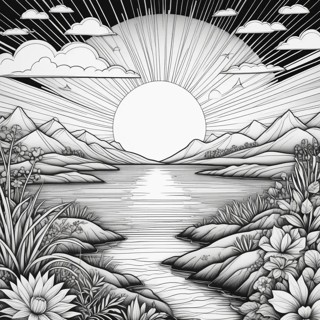 Sunset coloring pages with mountains and flowers