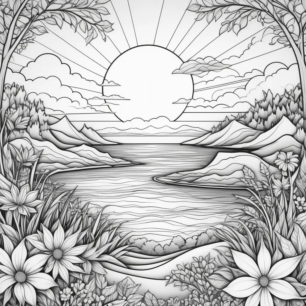 Sunset coloring pages with sun, sky, clouds, flowers and trees