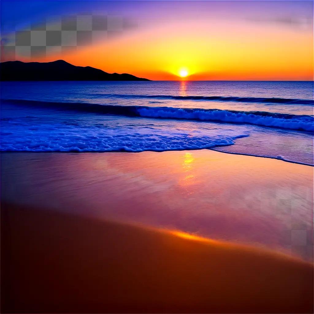 Sunset on the beach with ocean waves and mountains in the distance