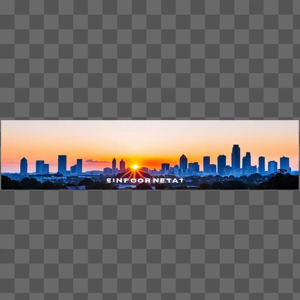 Sunset over the city skyline with a banner